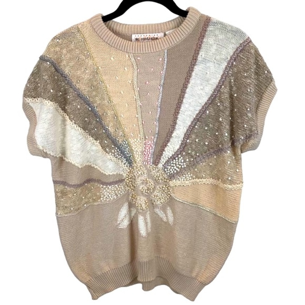 Vintage Multimedia Connexion au Contraire Linen Cotton Beaded  Sweater Top sz S